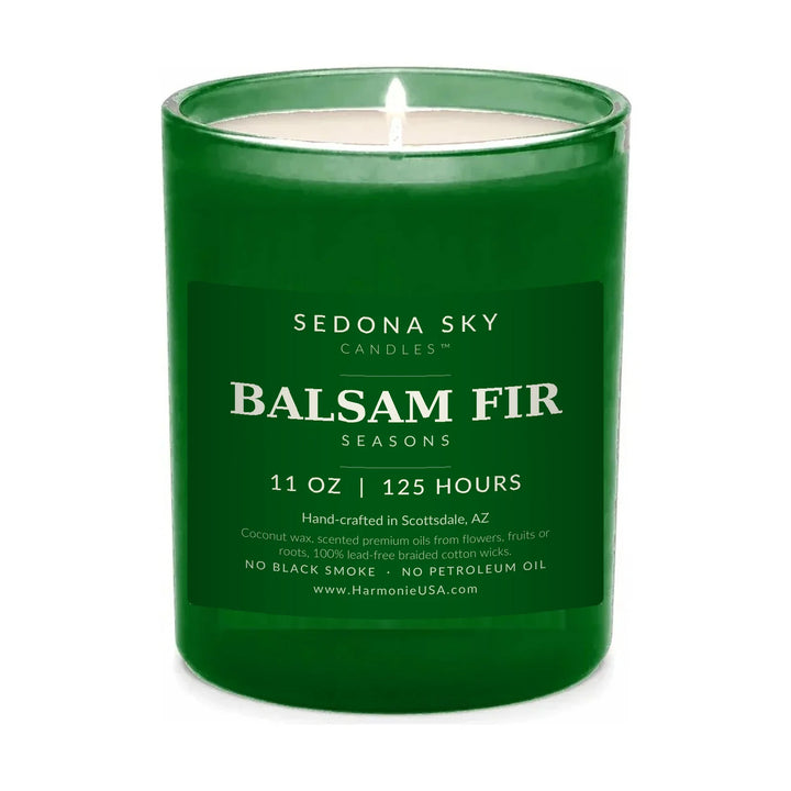 Sedona Sky Balsam Fir Seasons coconut wax candle, 11 oz green glass jar