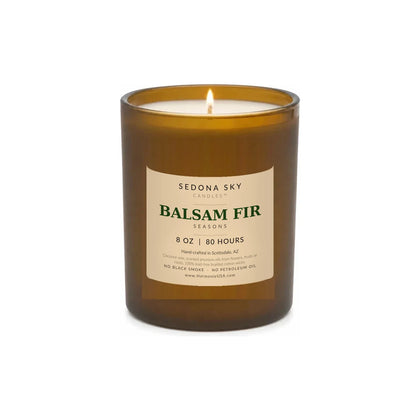 Sedona Sky Balsam Fir Seasons coconut wax candle, 8 oz amber glass jar