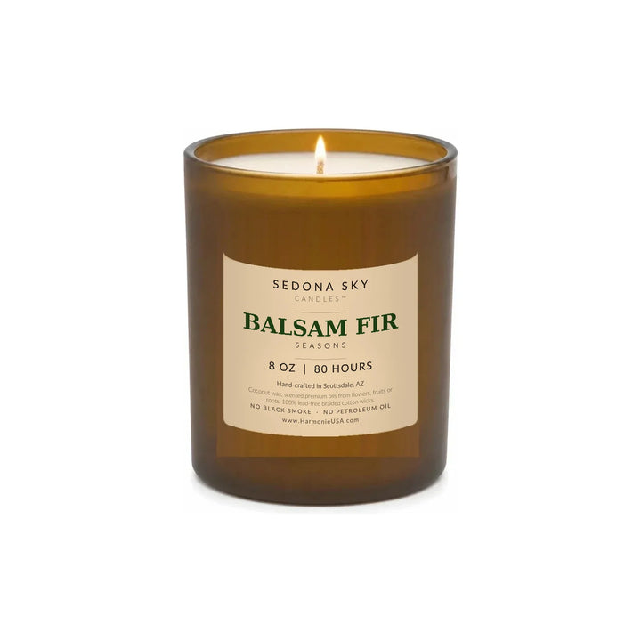 Sedona Sky Balsam Fir Seasons coconut wax candle, 8 oz amber glass jar