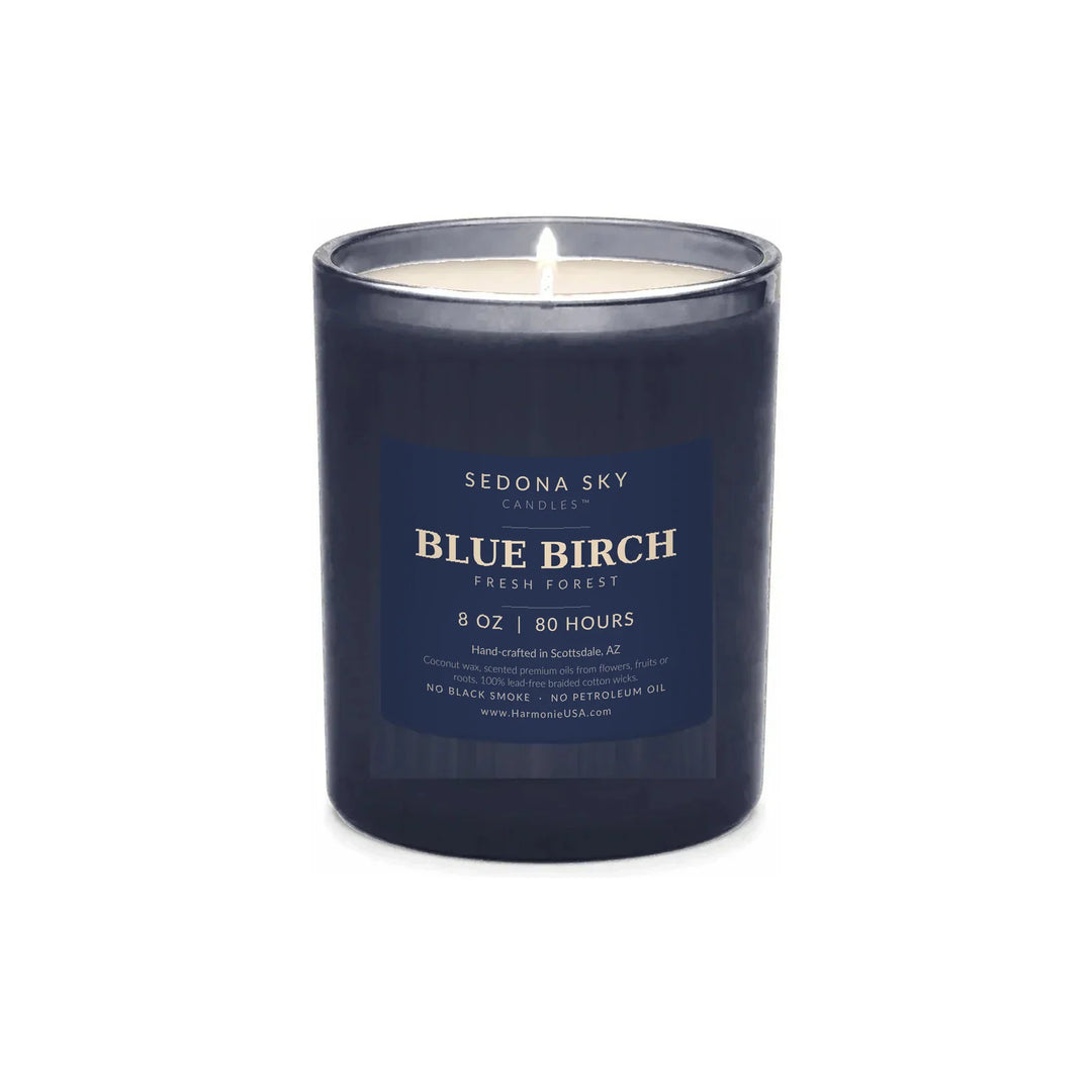Sedona Sky Blue Birch Fresh Forest coconut wax candle, 8 oz navy glass jar