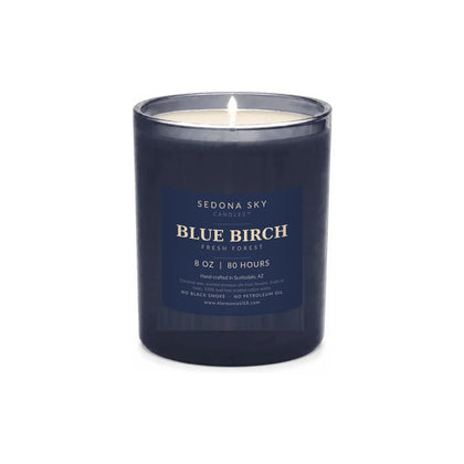 Sedona Sky Blue Birch Fresh Forest coconut wax candle, 8 oz navy glass jar