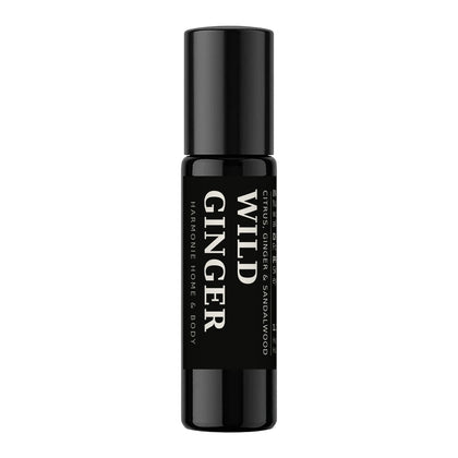 Wild Ginger perfume roller, 1.2 oz amber glass bottle with black Wild Ginger label, Harmonie Home & Body