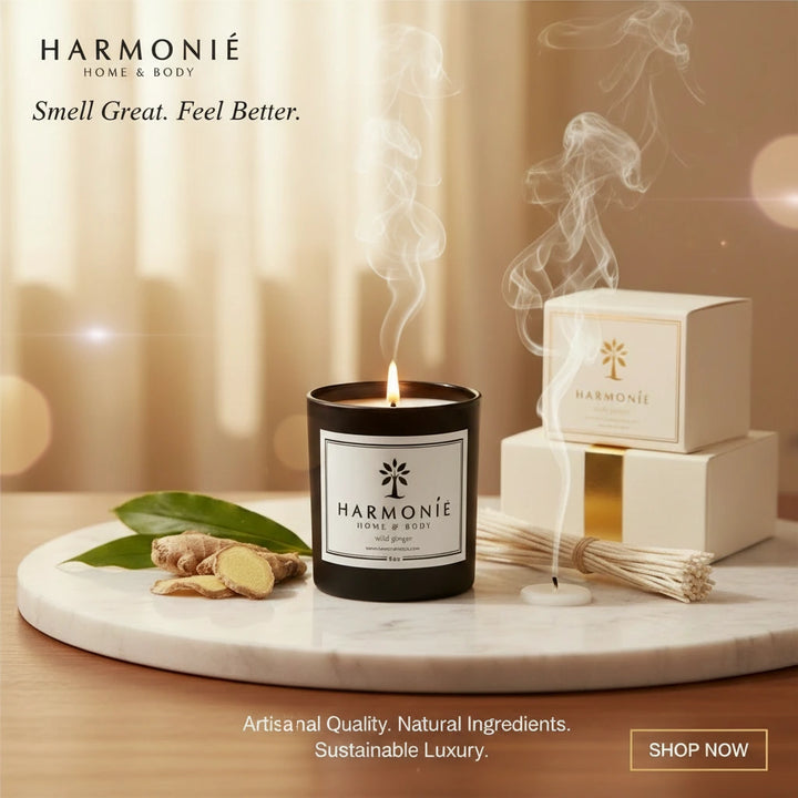 Harmonie Wild Ginger 8oz candle lit on a marble tray with fresh ginger root and gift box - Artisanal Quality. Natural Ingredients. Sustainable Luxury.