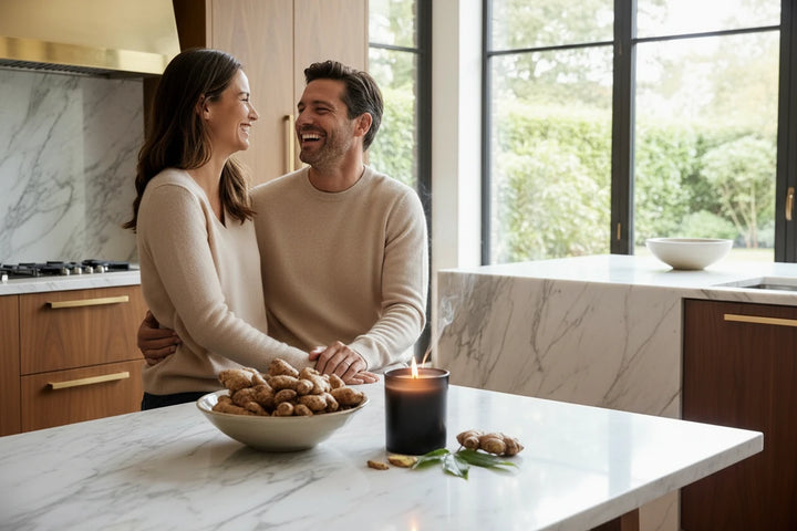 Wild Ginger 8oz candle burning on a marble kitchen counter beside fresh ginger root, with a couple laughing in the background