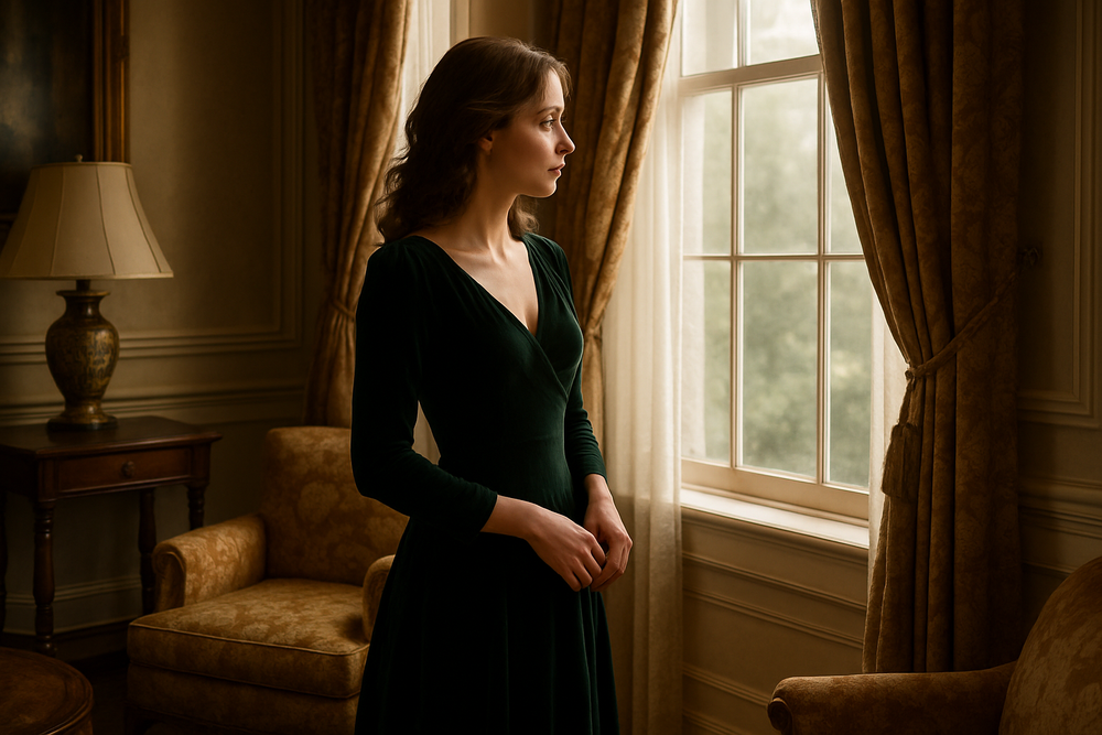 woman looking out the widow of her affluent home with a look of desire 