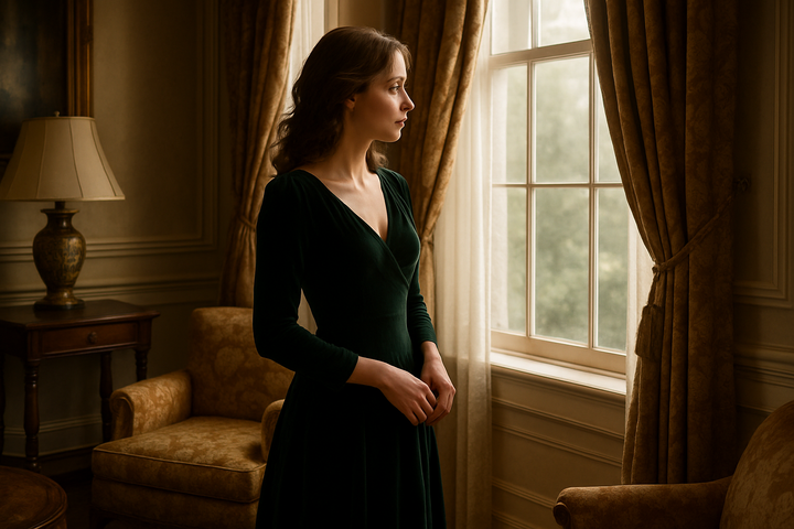 woman looking out the widow of her affluent home with a look of desire 
